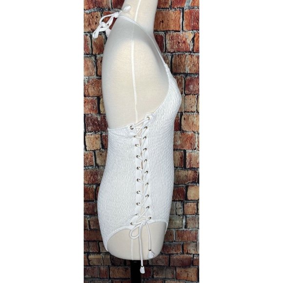 NWT Victoria’s Secret Ensenada Smocked Lace Up One Piece White Swimsuit Large - Picture 3 of 7